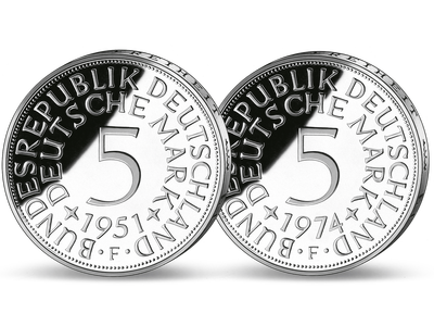 Deutschlands offizielle erste und letzte 5-DM-Kursmünze von 1951 und 1974 aus edlem Silber!