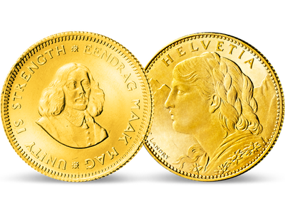 Zwei Gold-Weltwährungen im Set − 10 Franken Vreneli 1 Rand Ohm Krüger