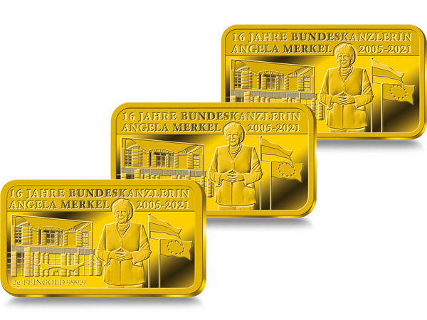 Der Premium-Goldbarren „16 Jahre Bundeskanzlerin Angela Merkel“ – erhältlich in drei Größen