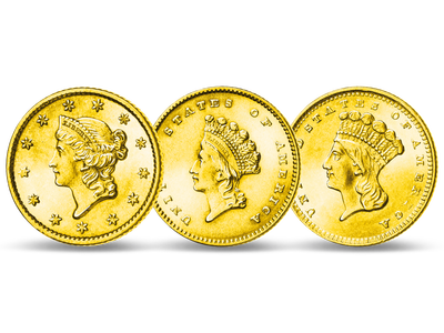 Das echte Gold des Wilden Westens − USA, 3er-Set 1 Dollar Gold 1849-89