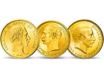 Ein dänischer Komplett-Satz in Gold − 3er-Set 20 Kronen 1873-1917