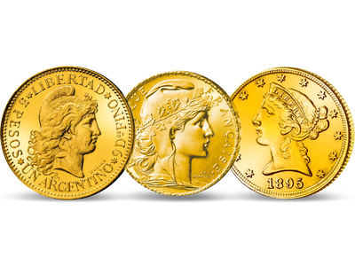 Goldmünzen der Freiheit − 3er-Set Argentinien, Frankreich, USA
