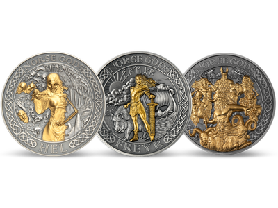 Die offiziellen Silbermünzen zu „Nordische Götter“ mit Goldveredelung!					
