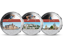 Die drei Jubiläums-Silber-Gedenkmünzen mit Farbveredelung zur Leichtathletik-WM 2023 in Budapest!