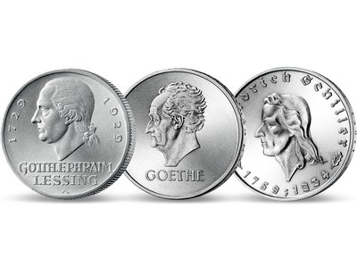Exklusives Set: Die Schriftsteller Lessing, Goethe und Schiller auf drei historischen Silbermünzen!