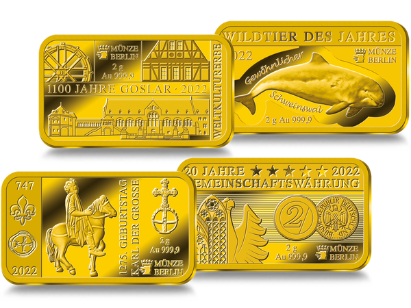 Die 2g-Goldbarren zu den wichtigsten Goldausgaben 2022 aus der Münze Berlin