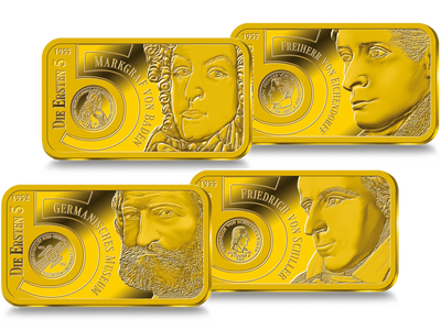 Das 5er-Goldbarren-Set zu Ehren der ersten 5-DM-Münzen der BRD!