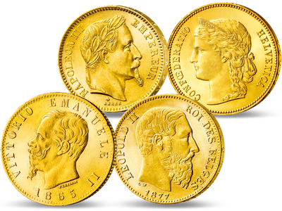 Gold der Lateinischen Münzunion − 4er-Set Gründungsstaaten 1861-1896