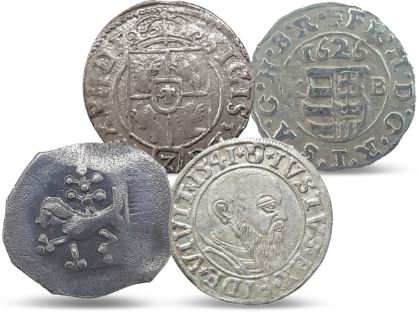 Vier echte Silbermünzen repräsentieren die Zeit von der Erfindung des Buchdrucks über die Reformation bis zum 30-jährigen Krieg.