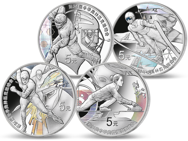 Die vier neuen Silbermünzen Chinas „Eishockey“, „Eisschnelllauf“, „Nordische Kombination“ und „Curling“ zu den Olympischen Winterspielen 2022