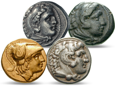 Die Münzen Alexanders des Großen − 4er Set inklusive einer Goldmünze