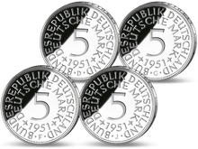 Die Vorderseite der ersten 5 DM-Silber-Kursmünzen von 1951 im 4er-Set