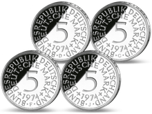 Die Vorderseite der letzten 5 DM-Silber-Kursmünzen von 1974 im 4er-Set