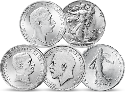 100 Jahre Vertrag von Versailles − 5er-Set Silber der Kriegsmächte