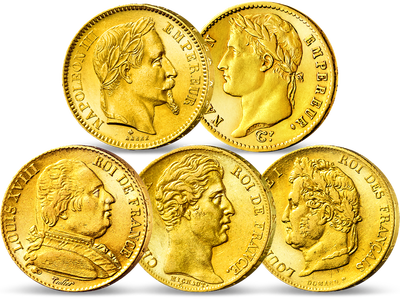 Frankreichs letzte Monarchen in Gold − Set von 5 goldenen 20-Francs-Münzen