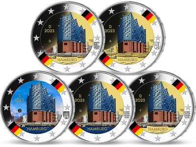 Die farbveredelten deutschen 2-Euro-Münzen als Komplettsätze  - Ihr Start: Hamburg 
