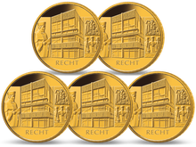 Die offizielle deutsche 100-Euro-Goldmünze 2021 „Recht“  mit allen fünf Prägezeichen A, D, F, G und J