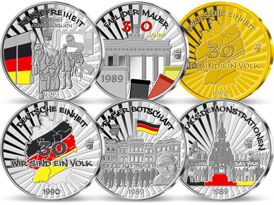 6er-Komplett-Satz „30 Jahre Deutsche Einheit“ aus edlem Silber und Gold!