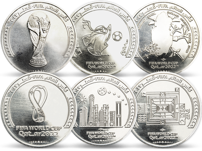 Die 8 offiziellen Basemetal-Gedenkmünzen Katars zum FIFA World Cup 2022™!	
