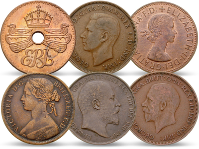 Elisabeth II. & ihre Vorgänger – 6erSet Pennys Großbritannien & Neuguinea