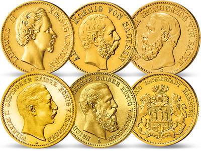 Großes Wertsteigerungs-Potenzial: Sechs Original-Goldmünzen „Deutsches Kaiserreich“ von 1874-1913