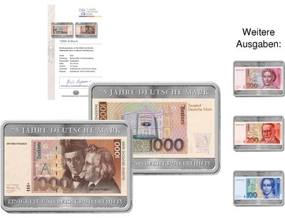 „Deutsche Mark“-Banknoten auf silber- und farbveredelten Gedenkbarren!