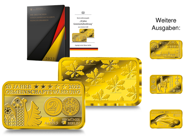 Ihre Startlieferung: der 2g-Feingold-Gedenkbarren „20 Jahre Gemeinschaftswährung“ der Gold-Jahresausgabe 2022 aus der Münze Berlin