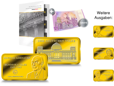 1/100-Unzen-Goldbarren-Edition zu Ehren der Kanzler und Präsidenten - Jetzt Startlieferung „Konrad Adenauer“ sichern