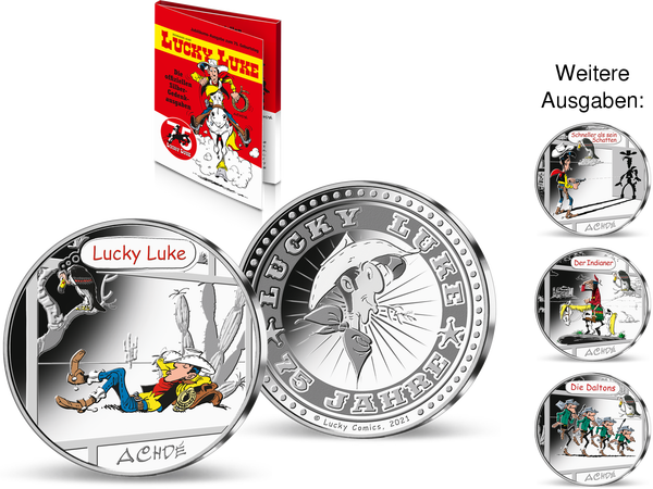 Die farbveredelten Silber-Gedenkprägungen der neuen offiziellen Jubiläumskollektion „75 Jahre Lucky Luke“