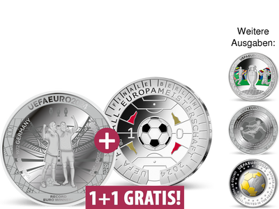 Die 11-Euro-Münze + die offiziellen Silbermünzen zur UEFA EURO 2024™