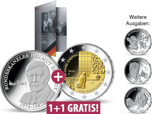 „Die größten Deutschen“ in edlem Silber – „Helmut Schmidt“ & 2-Euro-Gedenkmünze 