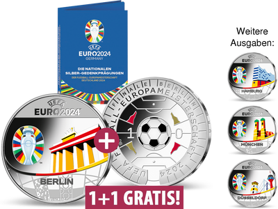 Die 11-Euro-Münze + die nationalen Silberprägungen zur Fußball-EM 2024