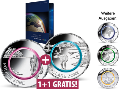 Die offiziellen deutschen 5-Euro-Münzen mit Polymer-Ring 2016–2021 – Start mit: "Subpolare Zone" und "Polare Zone"