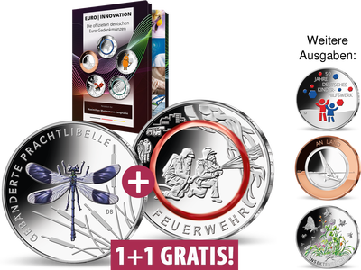 Die deutschen Euro-Gedenkmünzen mit innovativer Prägetechnik - Ihr Start: 5 Euro "Gebänderte Prachtlibelle" und 10 Euro "Feuerwehr"