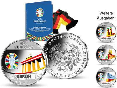 Erster Volltreffer der UEFA EURO 2024™ - Offizielle Silberausgabe – „Berlin“ + gratis Fanschal!