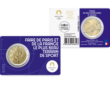 Die lila-blaue Münzkarte mit der offiziellen 2-Euro-Gedenkmünze aus Frankreich 