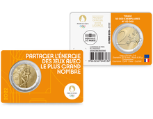 Die gelb-orange Münzkarte mit der offiziellen 2-Euro-Gedenkmünze aus Frankreich 