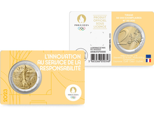Die gelbe Münzkarte mit der offiziellen 2-Euro-Gedenkmünze aus Frankreich 