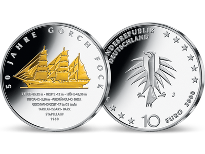 Die teilvergoldete 10-Euro-Silberausgabe „50 Jahre Gorch Fock“ 2008!