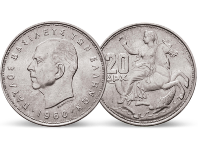 20 Drachmen Mondgöttin Selene − Paul I., 20 Drachmen Silber 1960