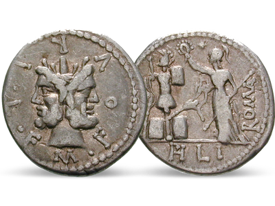 Antike Silbermünze mit dem Kopf des Janus!