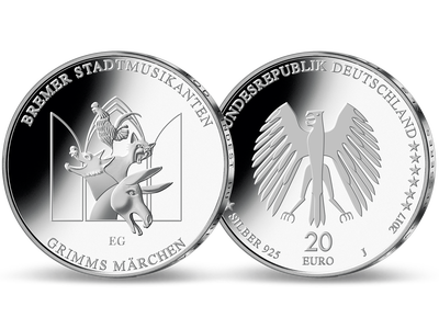 Die deutsche 20-Euro-Silber-Gedenkmünze 'Grimms Märchen: Bremer Stadtmusikanten'!