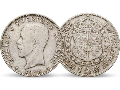 Schwedens erster ungekrönter König − Gustav V. 1 Krone Silber 1910-1942
