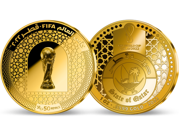 Katars offizielle Gedenkmünze „Offizielle Trophäe“ zur FIFA Fussball-Weltmeisterschaft 2022™ aus 1 Unze Feingold!