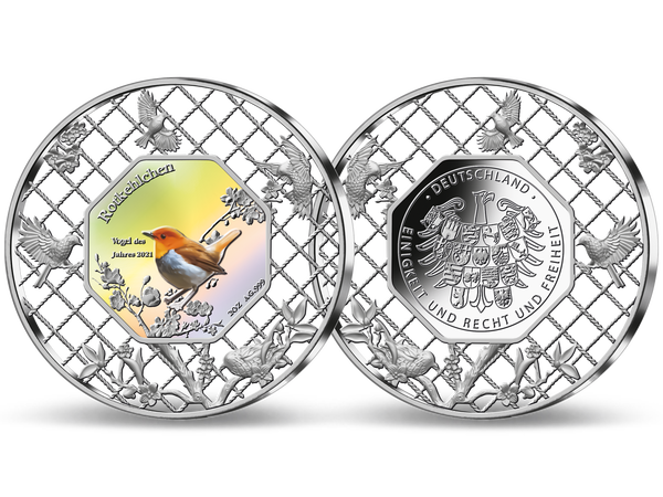 Das innovative 2-Unzen-Feinsilber-Filigree zu Ehren des „Vogel des Jahres 2021“ – dem Rotkehlchen