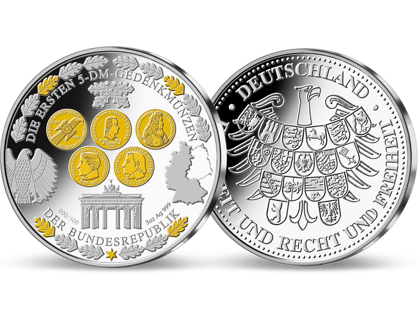 Die gigantische 3-Unzen-Feinsilber-Gedenkprägung mit Teilvergoldung zu Ehren der ersten fünf 5-DM-Gedenkmünzen der Bundesrepublik Deutschland.