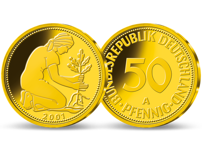 Gold-Neuprägung des letzten 50-Pfennig-Stücks von 2001