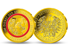 Die farbveredelte Gold-Ergänzungsprägung „Feuerwehr“ zur gleichnamigen 10-Euro-Polymer-Münze Deutschlands 2023