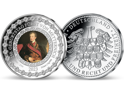 Farbveredelte 1-Unzen-Silberprägung „250. Geburtstag Fürst v. Metternich“
