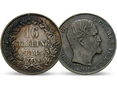 Die einzige 16-Skilling-Münze Friedrichs VII. –  Dänemark 1856-1858